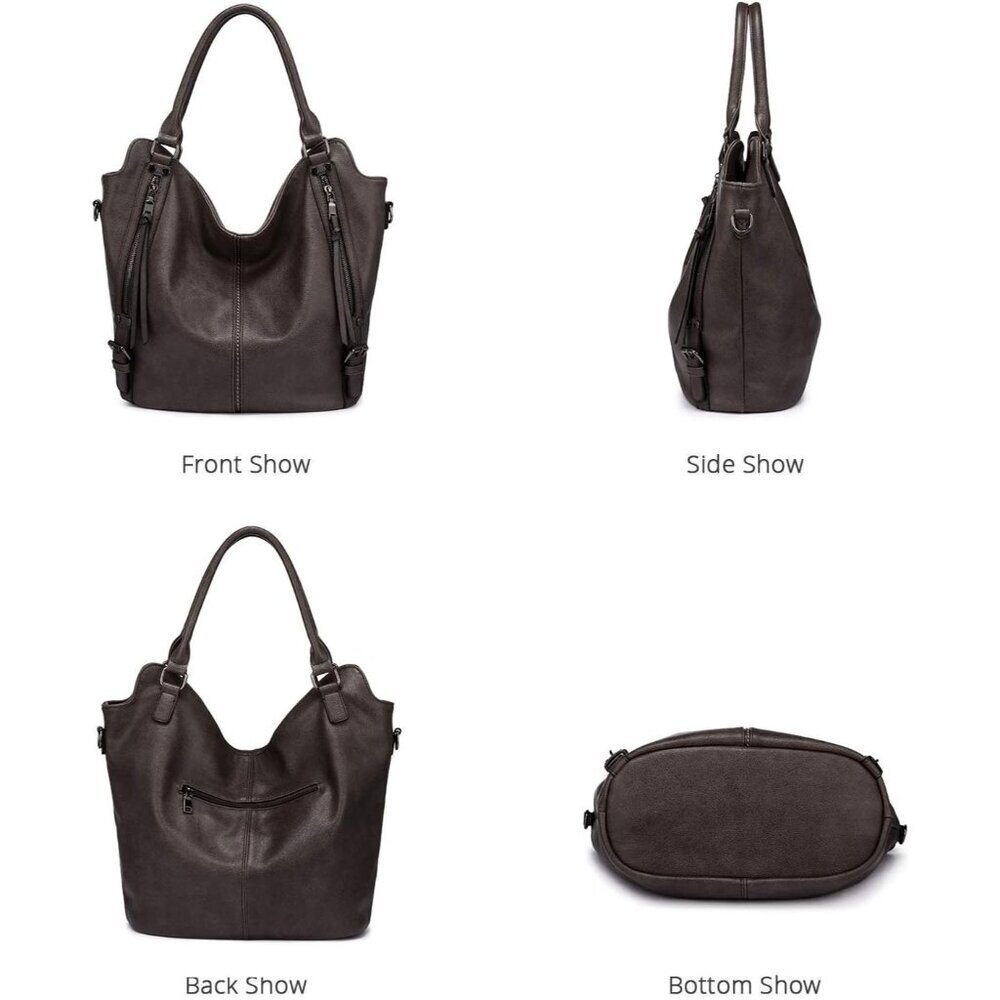 Women's Coffee Large PU Leather Tote Bag - Fashion Hobo Purse w/Strap - Picture 8 of 8